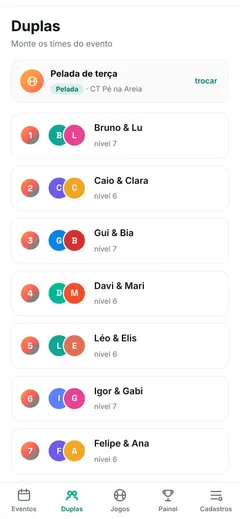 Tela do areia, case da Aimi: duplas sorteadas, com dados de demonstração
